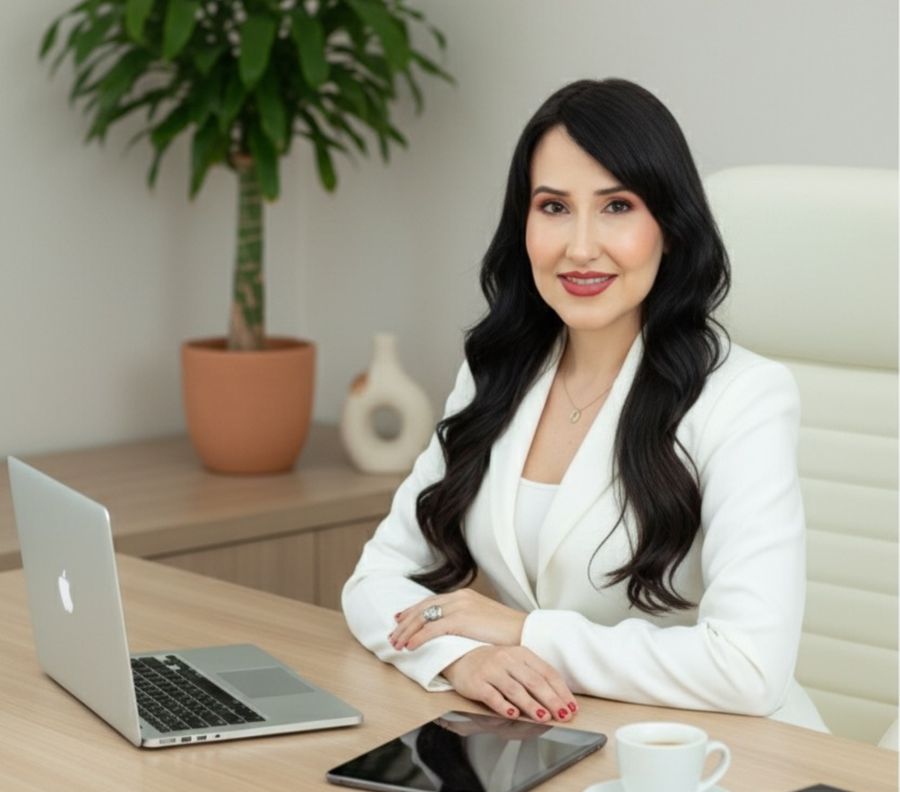 Dra. Cláudia Starling sentada à mesa do consultório